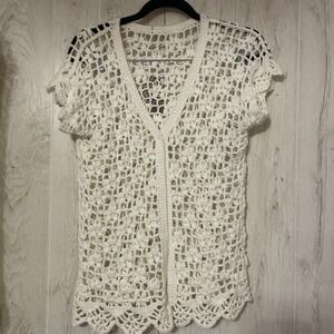 Vtg 60's 70's Homemade Hand Knitted Ivory Crochet Open Front Vest Hippie Boho M